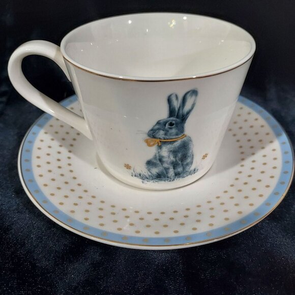 Spode Bunny Meadow Lane Tea or Coffee Cup Saucer Blue edge with gold accents - Picture 1 of 10